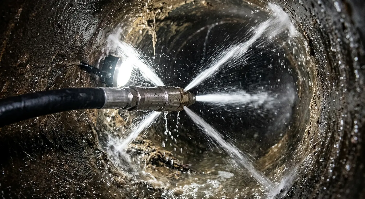 High-pressure hydro jetting nozzle cleaning sewer pipe for Emergency Drain Service in Edgerton