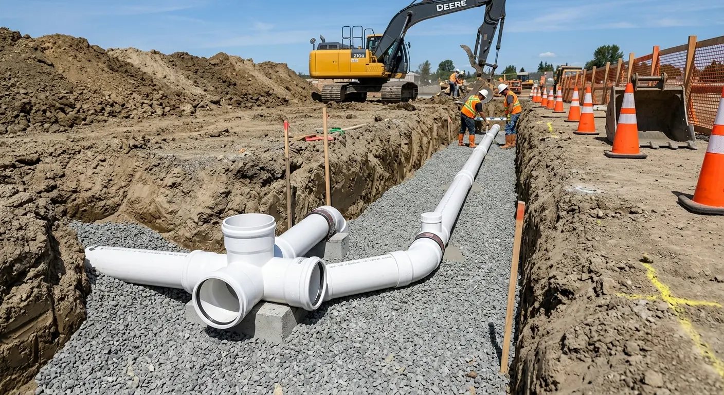 New PVC sewer pipe installation in open trench for Commercial Drain Cleaning in Edgerton