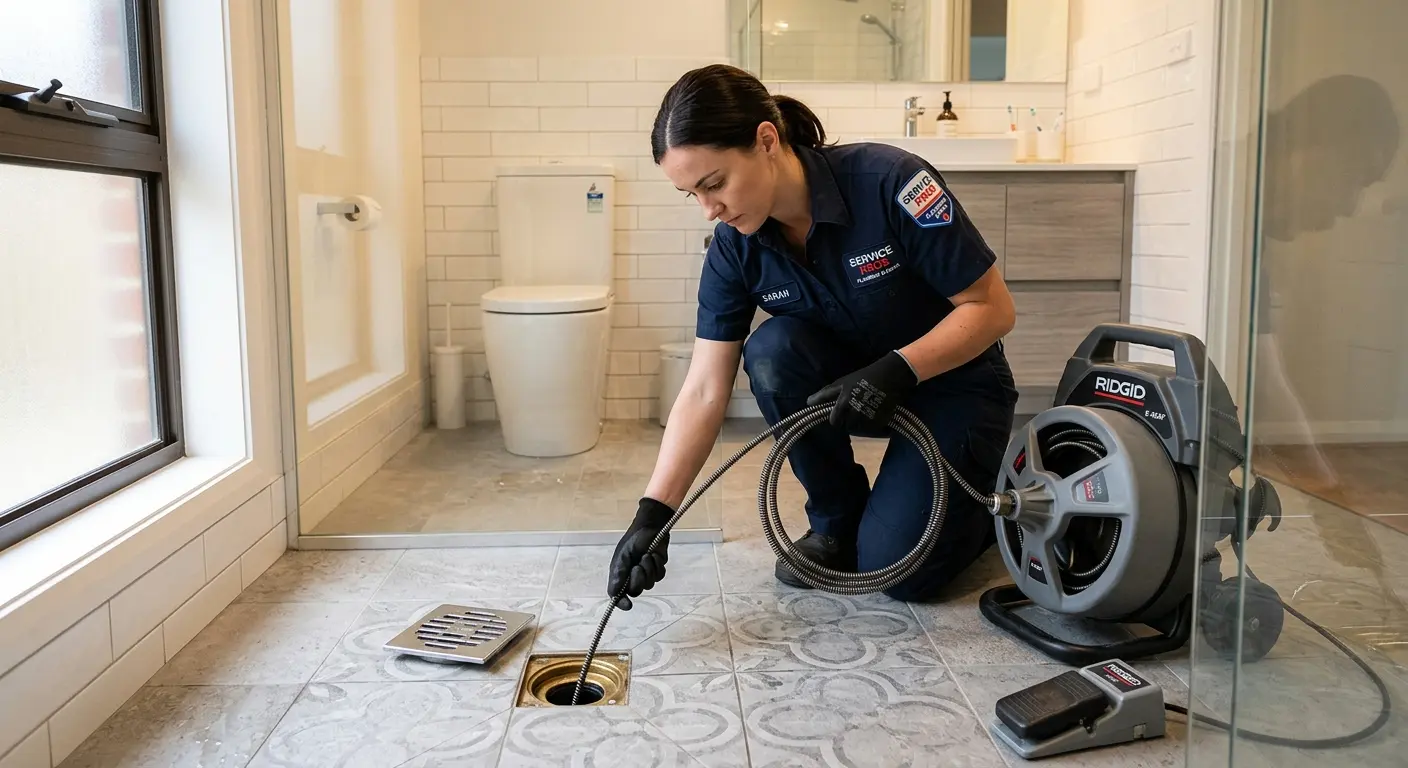 Technician clearing a bathroom floor drain for Hydro Jetting in Edgerton